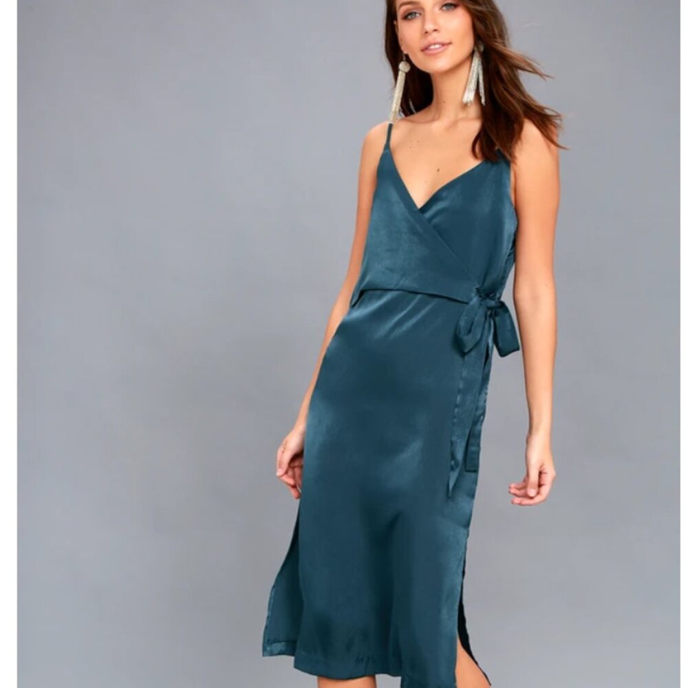 Lulus Fall in Love Teal Blue Satin Midi Wrap Dress